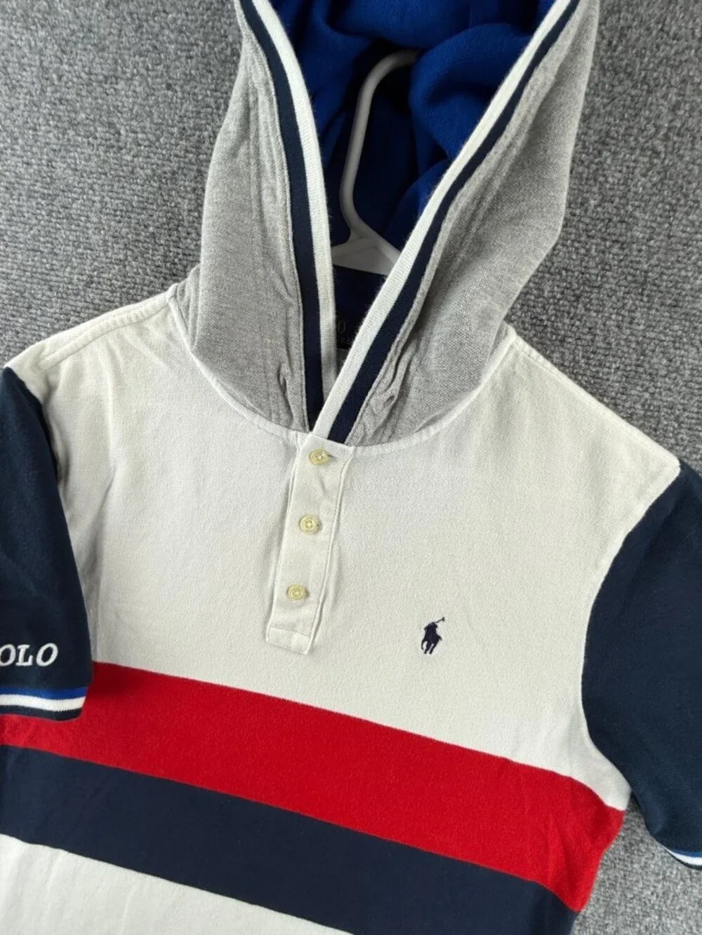 Polo Ralph Lauren Small Hooded Striped Red White Blue Polo Shirt Knit Mesh